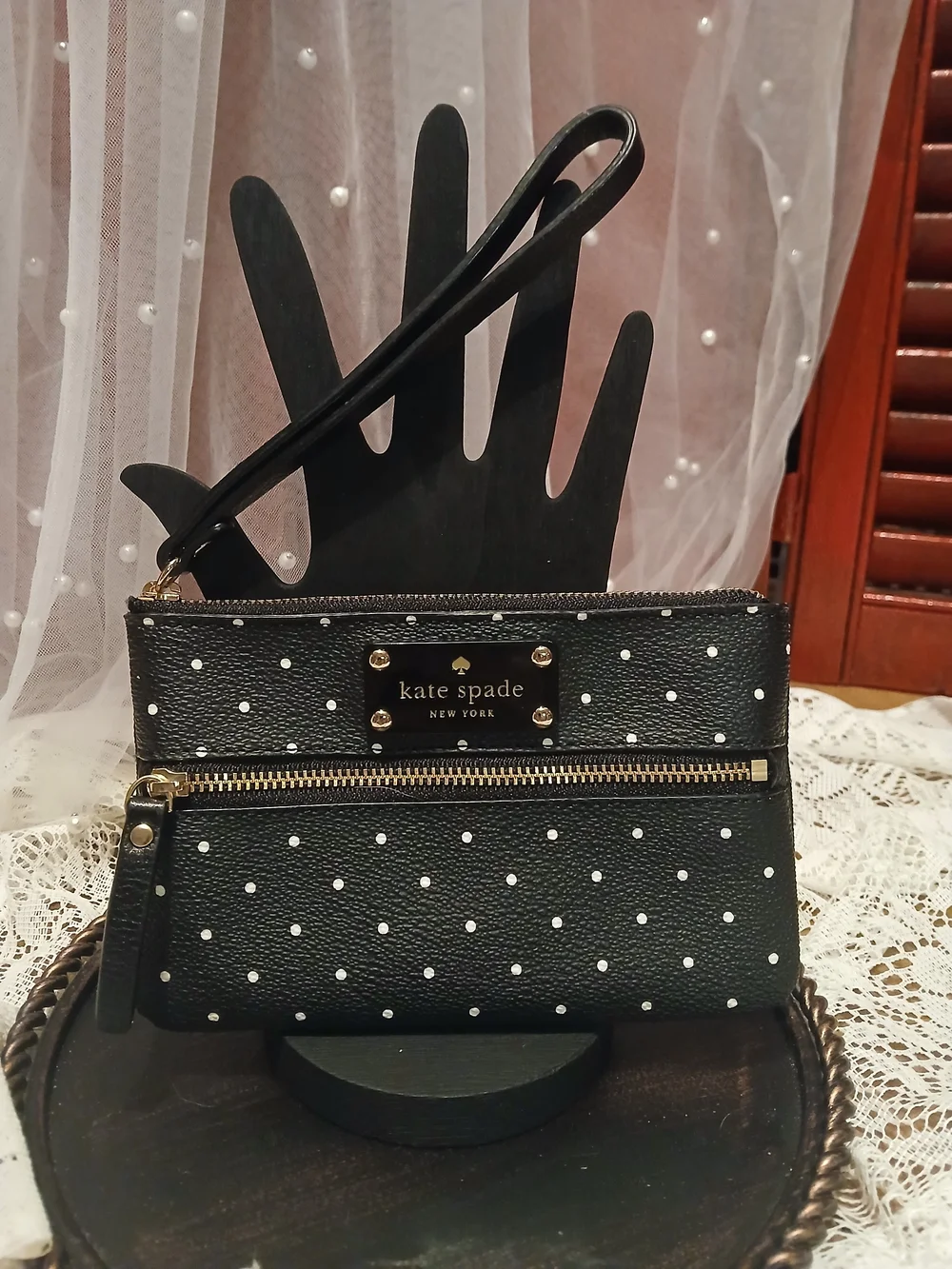 Kate Spade Storybook Lining Black Polka Dot Wristlet